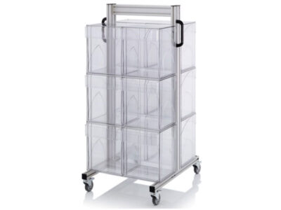 Tipping boxes, rack bins for supply trolleys, or bins for perforated panels (auer)