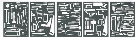 Self adhesive shapes for kits and tools