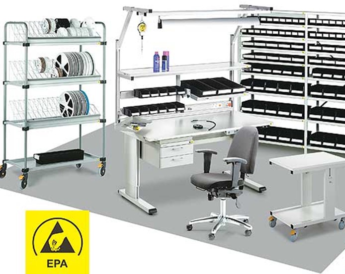 Spații de lucru cu protecție completă ESD (protectie pentru descărcături electrice subite)- covoare, rafturi, stații de lucru, cărucioare